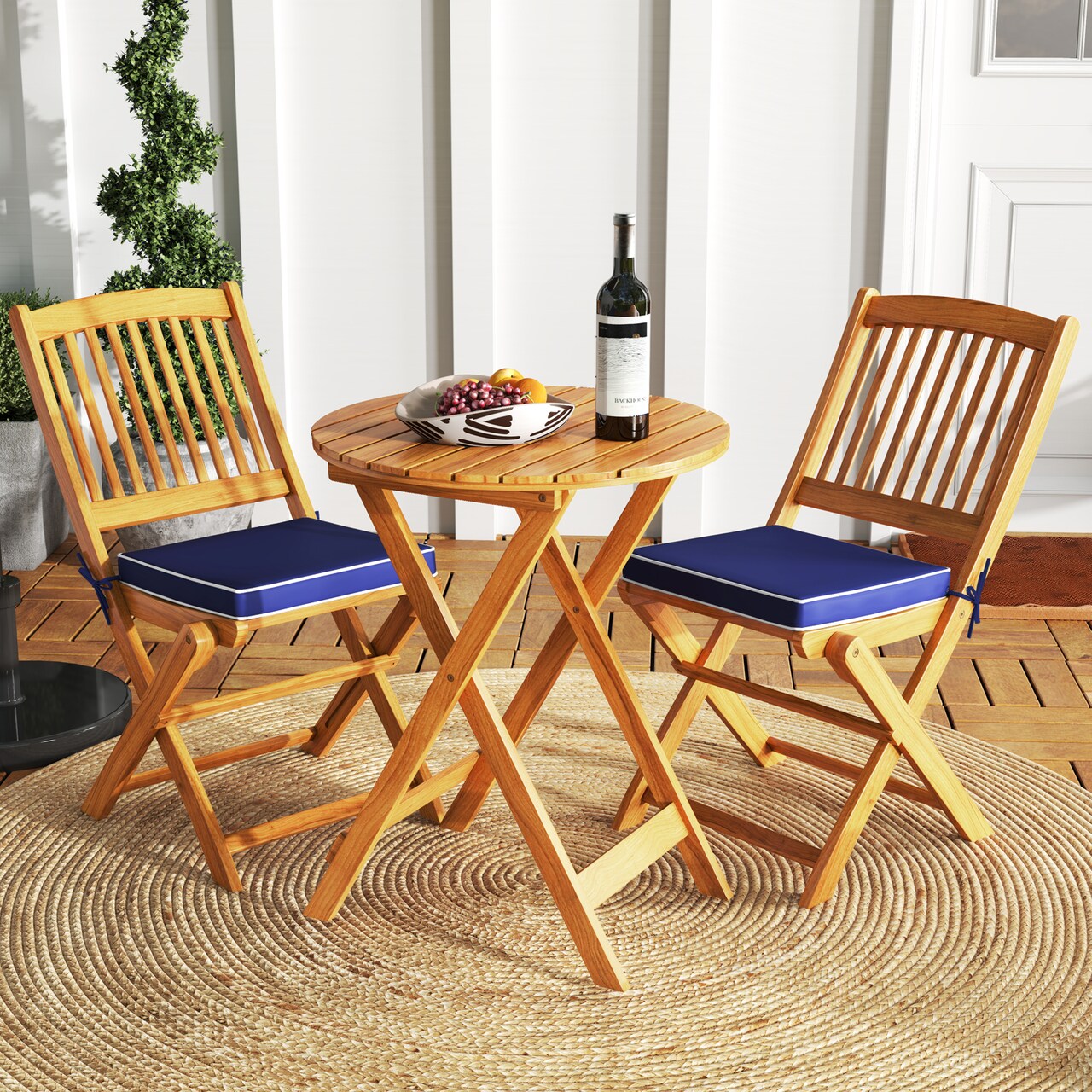3 Pieces Acacia Wood Patio Folding Bistro Set with Soft Cushions and Slatted Backrest